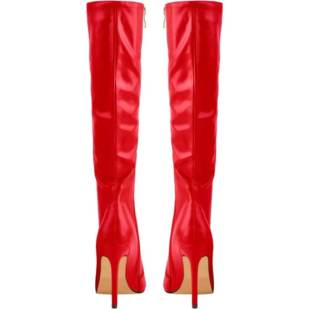 Women's Fux- Leather Red Knee High Pointed Toe Stiletto High Heel Stylish Boot
